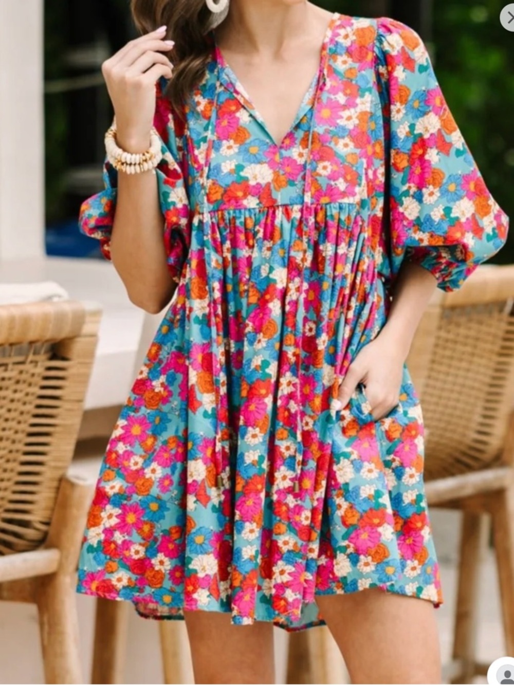 Entro Sea Green Floral Puff Sleeve Dress Large